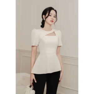 Áo đáp chéo cut out peplum NhunFashion sơ mi kiểu thiết kế tay bồng chít eo vạt chéo công sở thanh lịch.