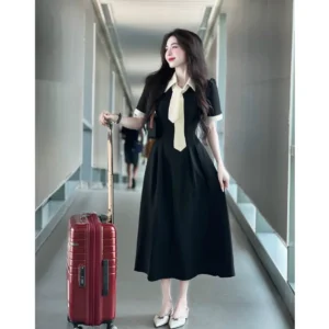 váy công sở phối cà vạt dáng xoè maxi sang trọng, thanh lịch Esigna .