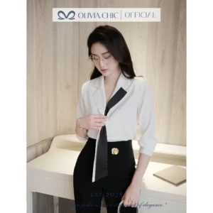 Set Đồ Công Sở SÉRINA Áo Sơ Mi Lụa Cổ Phối Phạt Dài, Quần Ống Loe Chất Mango Tôn Dáng S849